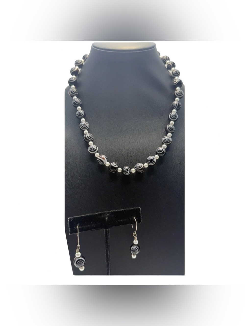 Vintage Glass Bead Necklace Earring Set Artisan Black White Bullseye 925 Silver